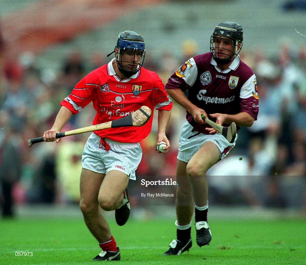 10 September 2000; Tomas O'Leary of Cork in action against Shane Kavanagh of Galway during the All-Ireland Minor Hurling Championship Final between Cork and Galway at Croke Park in Dublin. Photo by Ray McManus/Sportsfile
