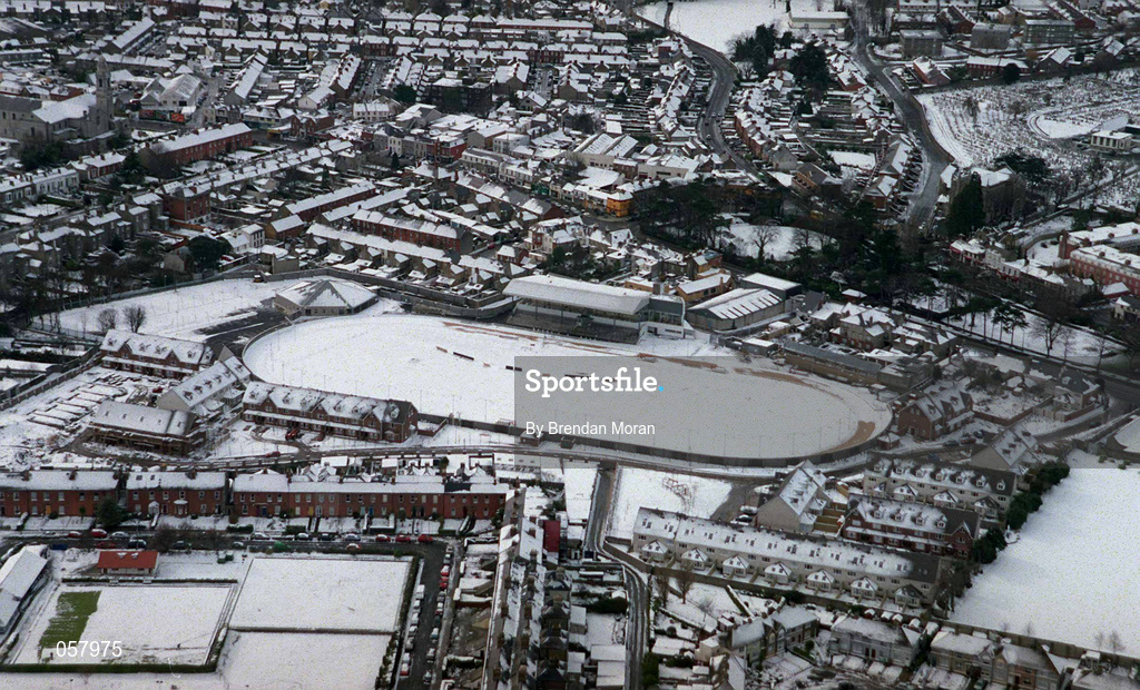 28 February 2001; An aerial view of a snow covered Harold's Cross Greyhound Stadium in Dublin. Photo by Brendan Moran/Sportsfile