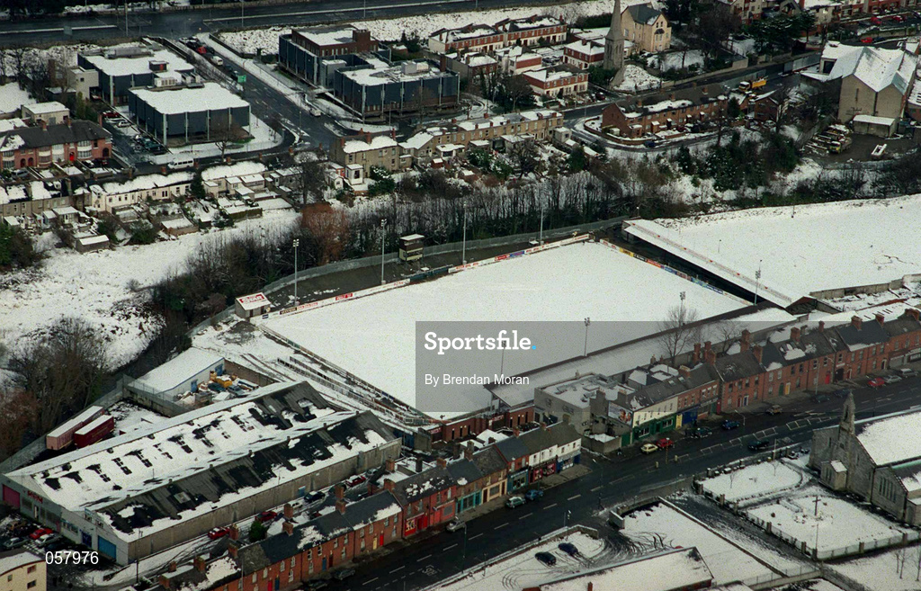 28 February 2001; An Aerial view of a snow covered Richmond Park in Inchicore, Dublin, home of St Patrick's Athletic Football Club. Photo by Brendan Moran/Sportsfile