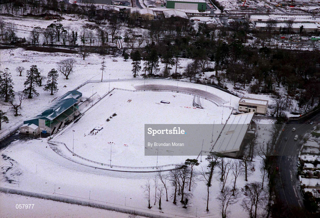 28 February 2001; An aerial view of a snow covered Morton Stadium Athletics Track in Santry, Dublin. Photo by Brendan Moran/Sportsfile