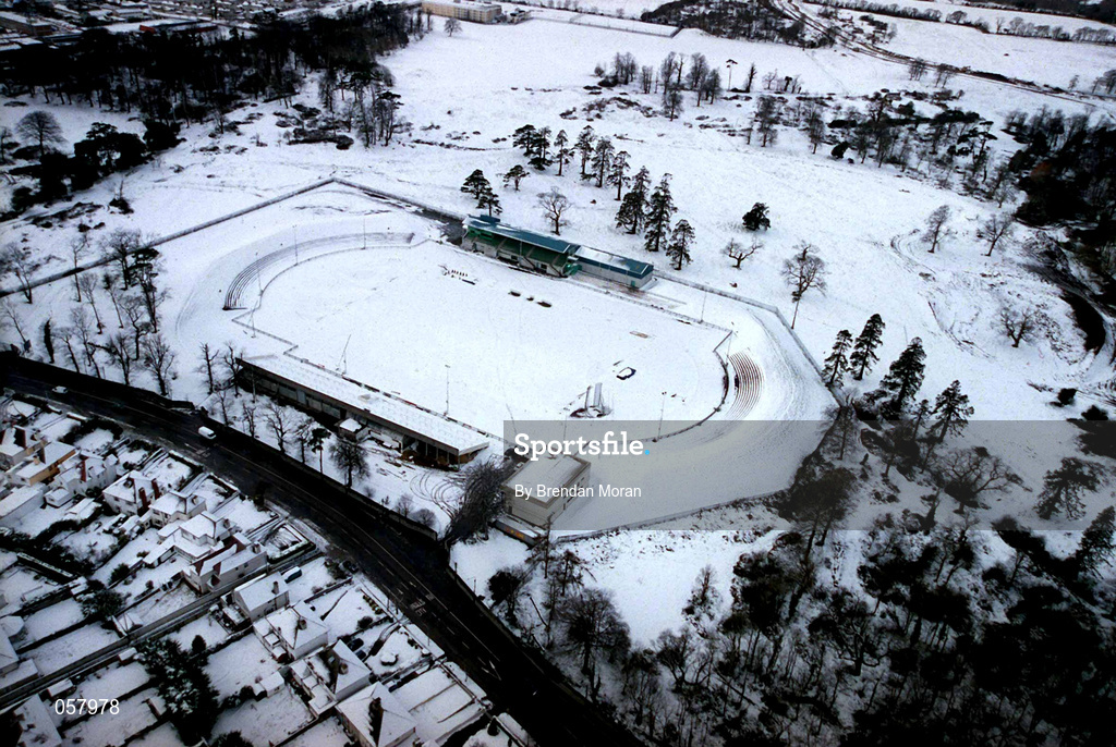 28 February 2001; An aerial view of a snow covered Morton Stadium Athletics Track in Santry, Dublin. Photo by Brendan Moran/Sportsfile
