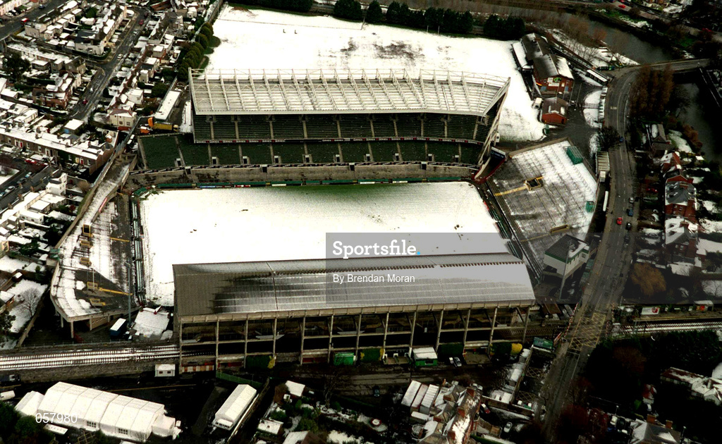 28 February 2001; An aerial view of a snow covered Lansdowne Road in Dublin. Photo by Brendan Moran/Sportsfile