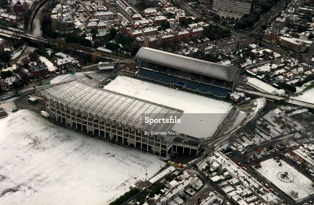 28 February 2001; An aerial view of a snow covered Lansdowne Road in Dublin. Photo by Brendan Moran/Sportsfile