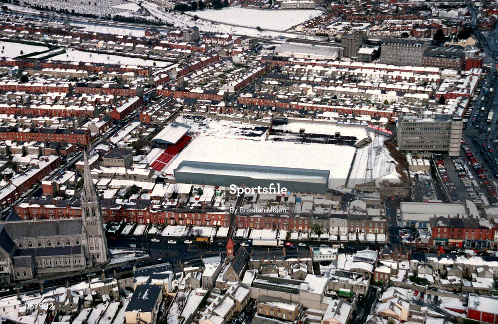 28 February 2001; An aerial view of a snow covered Dalymount Park in Phibsborough, Dublin, home of Bohemians Football Club. Photo by Brendan Moran/Sportsfile