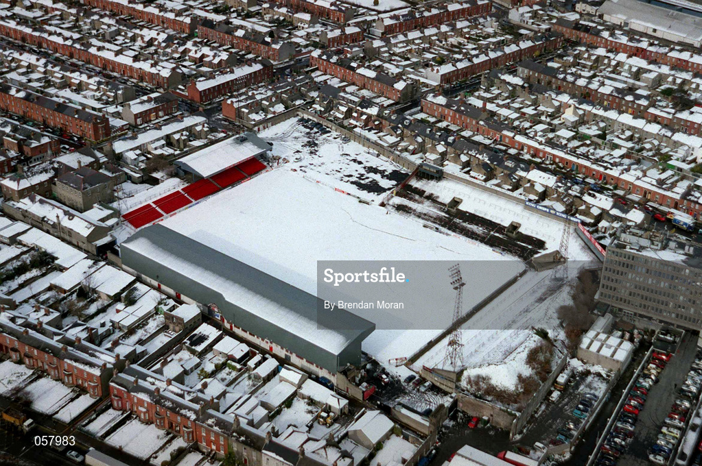 28 February 2001; An aerial view of a snow covered Dalymount Park in Phibsborough, Dublin, home of Bohemians Football Club. Photo by Brendan Moran/Sportsfile