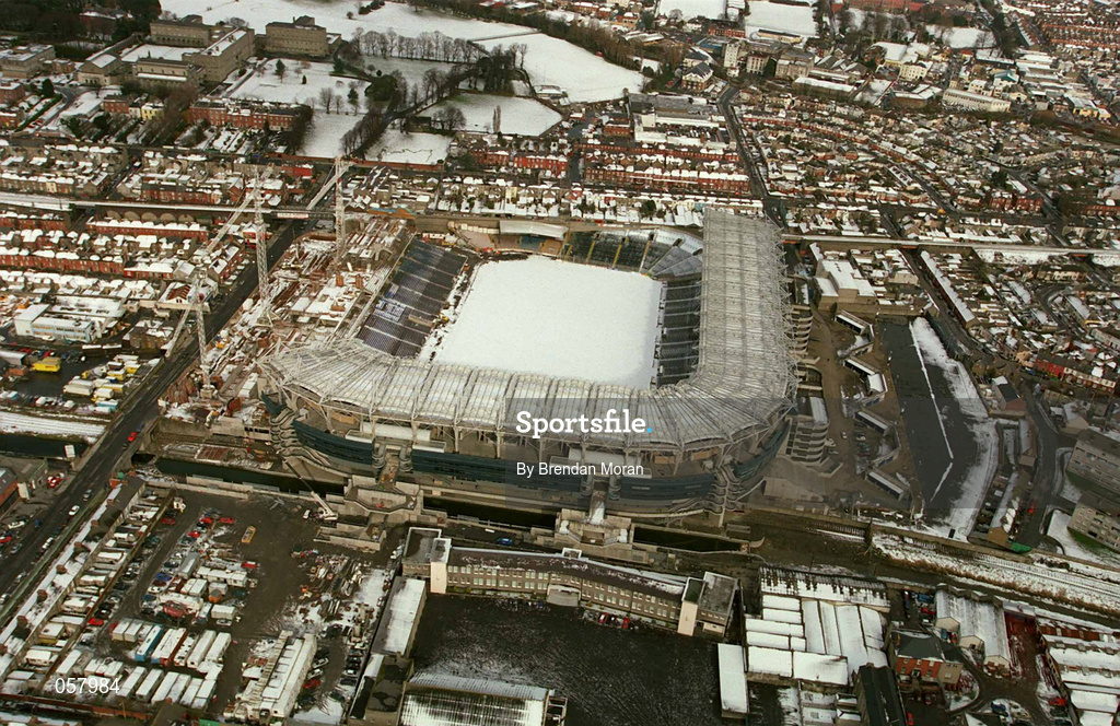 28 February 2001; An aerial view of a snow covered Croke Park in Dublin. Photo by Brendan Moran/Sportsfile