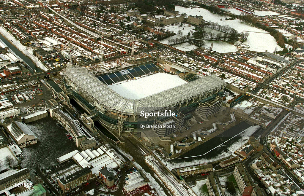 28 February 2001; An aerial view of a snow covered Croke Park in Dublin. Photo by Brendan Moran/Sportsfile