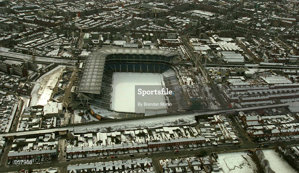 28 February 2001; An aerial view of a snow covered Croke Park in Dublin. Photo by Brendan Moran/Sportsfile