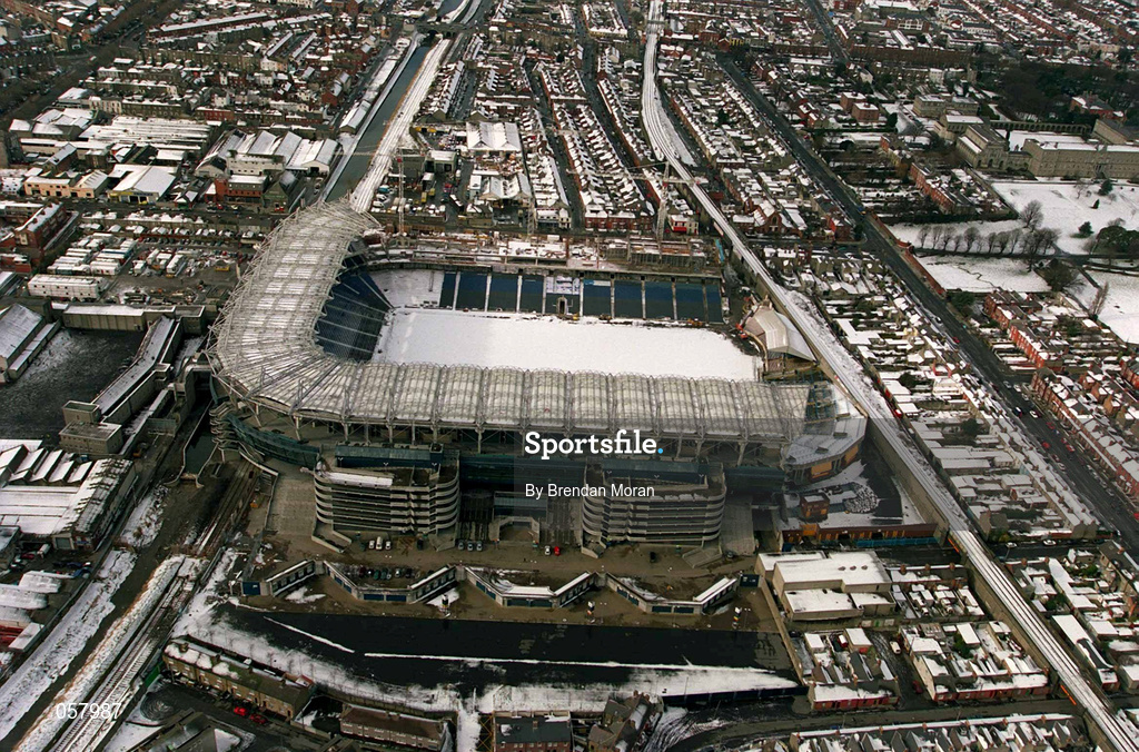 28 February 2001; An aerial view of a snow covered Croke Park in Dublin. Photo by Brendan Moran/Sportsfile