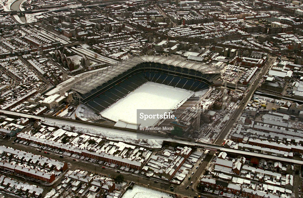 28 February 2001; An aerial view of a snow covered Croke Park in Dublin. Photo by Brendan Moran/Sportsfile