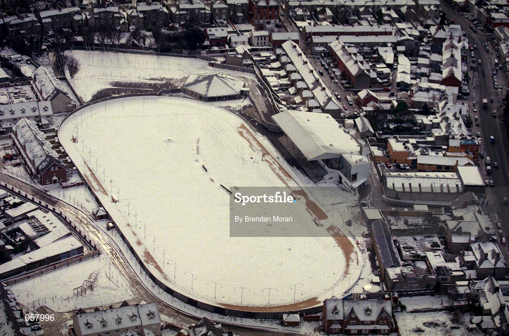 28 February 2001; An aerial view of a snow covered Harold's Cross Greyhound Stadium in Dublin. Photo by Brendan Moran/Sportsfile