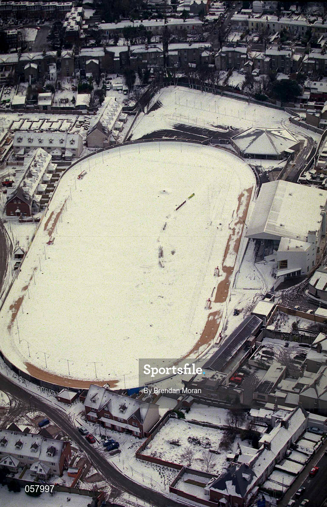 28 February 2001; An aerial view of a snow covered Harold's Cross Greyhound Stadium in Dublin. Photo by Brendan Moran/Sportsfile