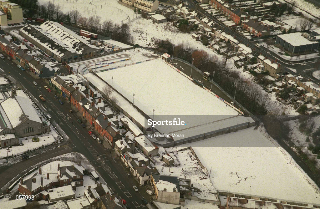 28 February 2001; An Aerial view of a snow covered Richmond Park in Inchicore, Dublin, home of St Patrick's Athletic Football Club. Photo by Brendan Moran/Sportsfile