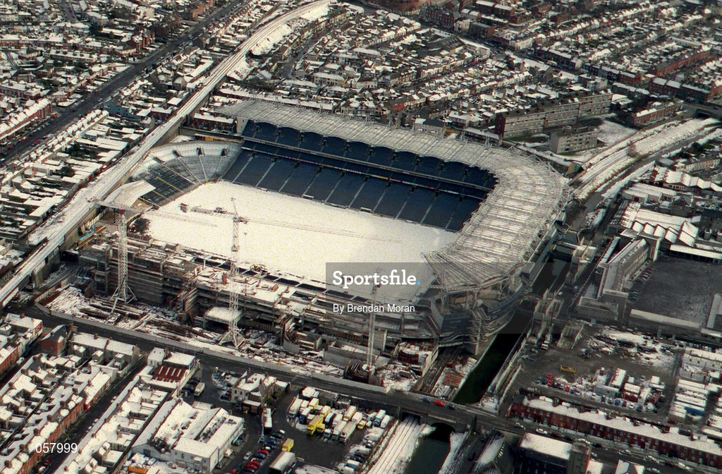 28 February 2001; An aerial view of a snow covered Croke Park in Dublin. Photo by Brendan Moran/Sportsfile