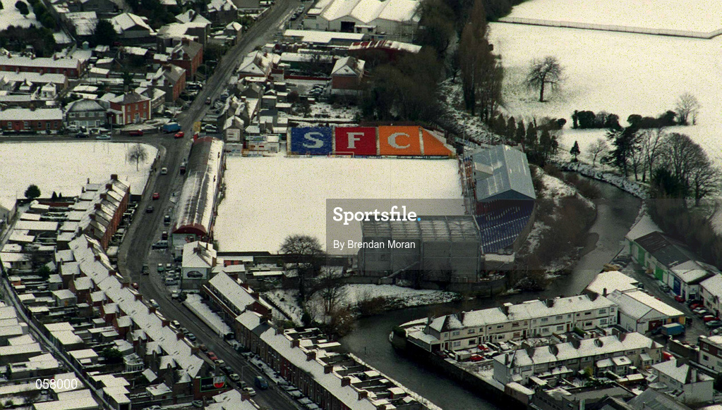 28 February 2001; An aerial view of a snow covered Tolka Park in Drumcondra, Dublin, home of Shelbourne Football Club. Photo by Brendan Moran/Sportsfile