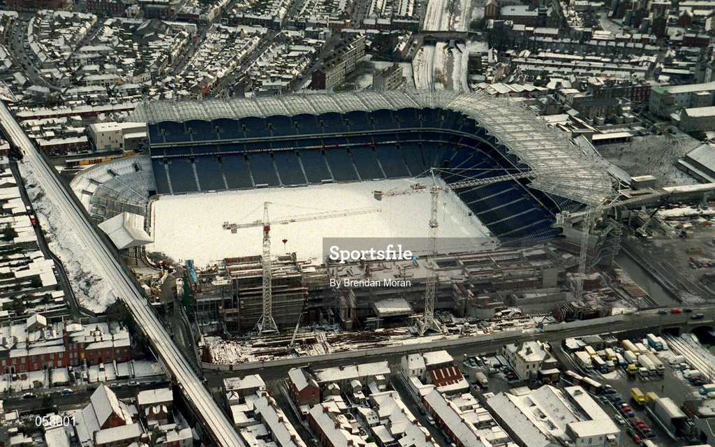 28 February 2001; An aerial view of a snow covered Croke Park in Dublin. Photo by Brendan Moran/Sportsfile