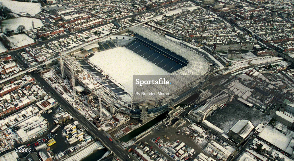 28 February 2001; An aerial view of a snow covered Croke Park in Dublin. Photo by Brendan Moran/Sportsfile
