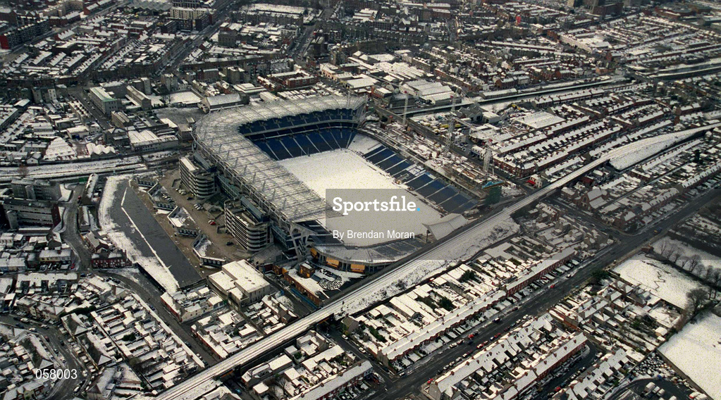 28 February 2001; An aerial view of a snow covered Croke Park in Dublin. Photo by Brendan Moran/Sportsfile