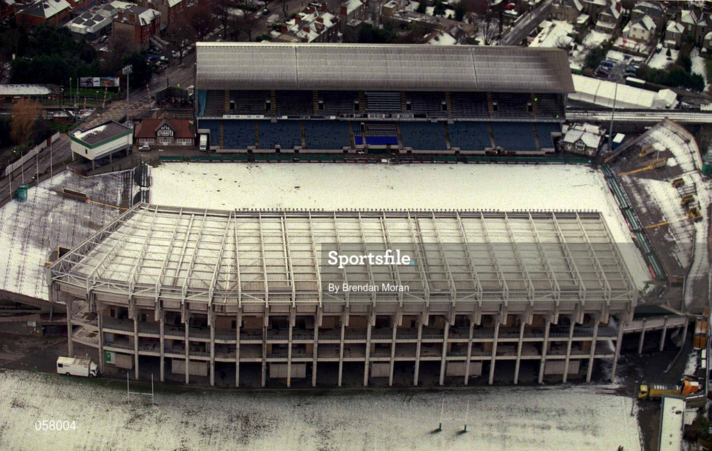 28 February 2001; An aerial view of a snow covered Lansdowne Road in Dublin. Photo by Brendan Moran/Sportsfile