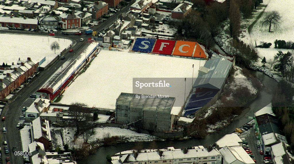 28 February 2001; An aerial view of a snow covered Tolka Park in Drumcondra, Dublin, home of Shelbourne Football Club. Photo by Brendan Moran/Sportsfile