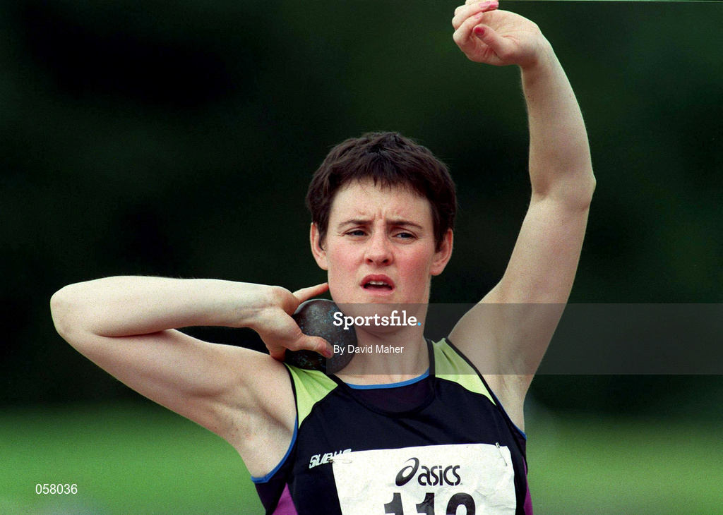 13 July 1997; Niamh O'Rourke, Navan AC, competes in the women's shot putt event during the BLÉ National Track & Field Championships at Morton Stadium in Santry, Dublin. Photo by David Maher/Sportsfile