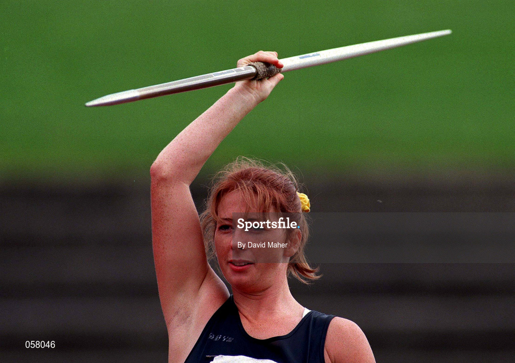 13 July 1997; Geraldine Finegan, Dunleer AC, competes in the women's javelin event during the BLÉ National Track & Field Championships at Morton Stadium in Santry, Dublin. Photo by David Maher/Sportsfile