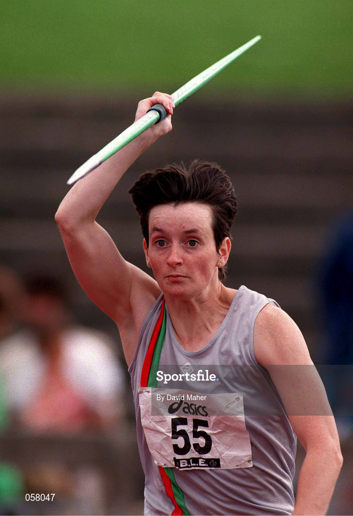 13 July 1997; Katrina Campbell, Lisburn AC, competes in the women's javelin event during the BLÉ National Track & Field Championships at Morton Stadium in Santry, Dublin. Photo by David Maher/Sportsfile