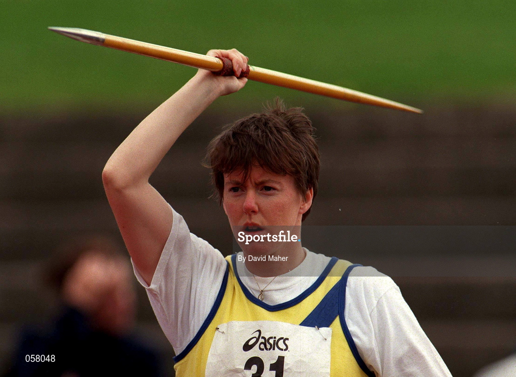 13 July 1997; Alison Moffitt, North Down AC, competes in the women's javelin event during the BLÉ National Track & Field Championships at Morton Stadium in Santry, Dublin. Photo by David Maher/Sportsfile