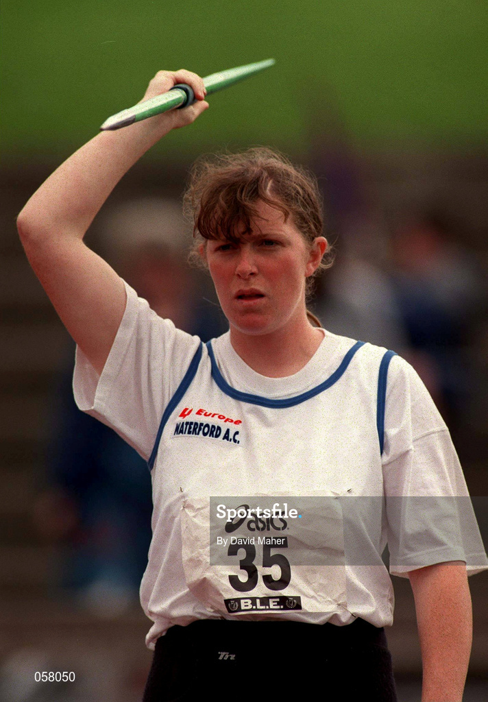 13 July 1997; Leeanna Tutty, Waterford AC, competes in the women's javelin event during the BLÉ National Track & Field Championships at Morton Stadium in Santry, Dublin. Photo by David Maher/Sportsfile