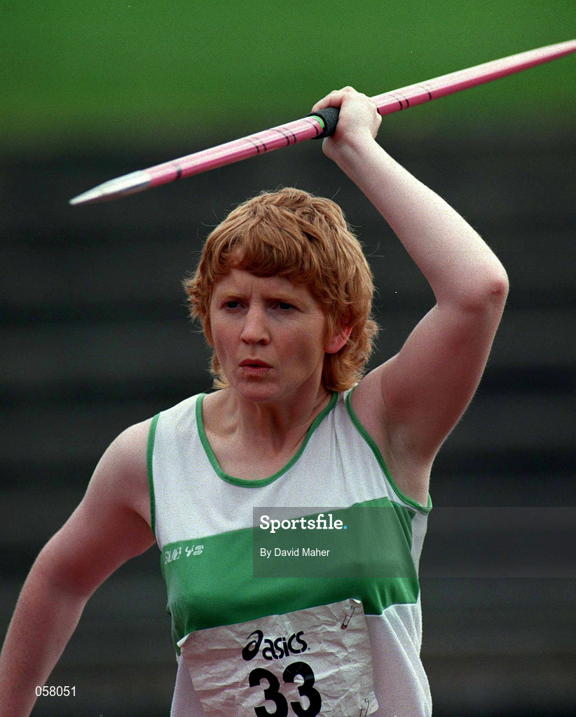 13 July 1997; Una McMahon, Raheny AC, competes in the women's javelin event during the BLÉ National Track & Field Championships at Morton Stadium in Santry, Dublin. Photo by David Maher/Sportsfile