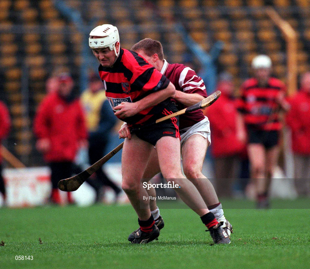 28 November 1999; Fergal Hartley of Ballygunner is tackled by James O'Connor of St Joseph's Doora-Barefield during the AIB Munster Senior Club Hurling Championship Final match between Ballygunner and St. Joseph's Doora-Barefield at Semple Stadium in Thurles, Tipperary. Photo by Ray McManus/Sportsfile