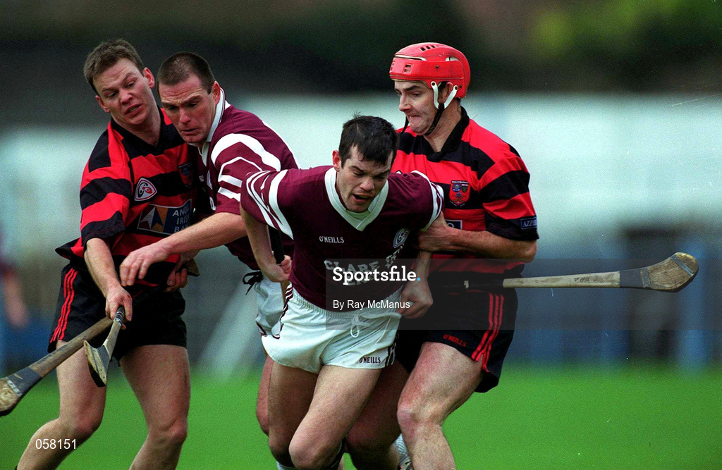 28 November 1999; Ciaran O'Neill, left, and Greg Baker of St. Joseph's Doora-Barefield in action against Niall O'Donnell and Stephen Frampton of Ballygunner during the AIB Munster Senior Club Hurling Championship Final match between Ballygunner and St. Joseph's Doora-Barefield at Semple Stadium in Thurles, Tipperary. Photo by Ray McManus/Sportsfile