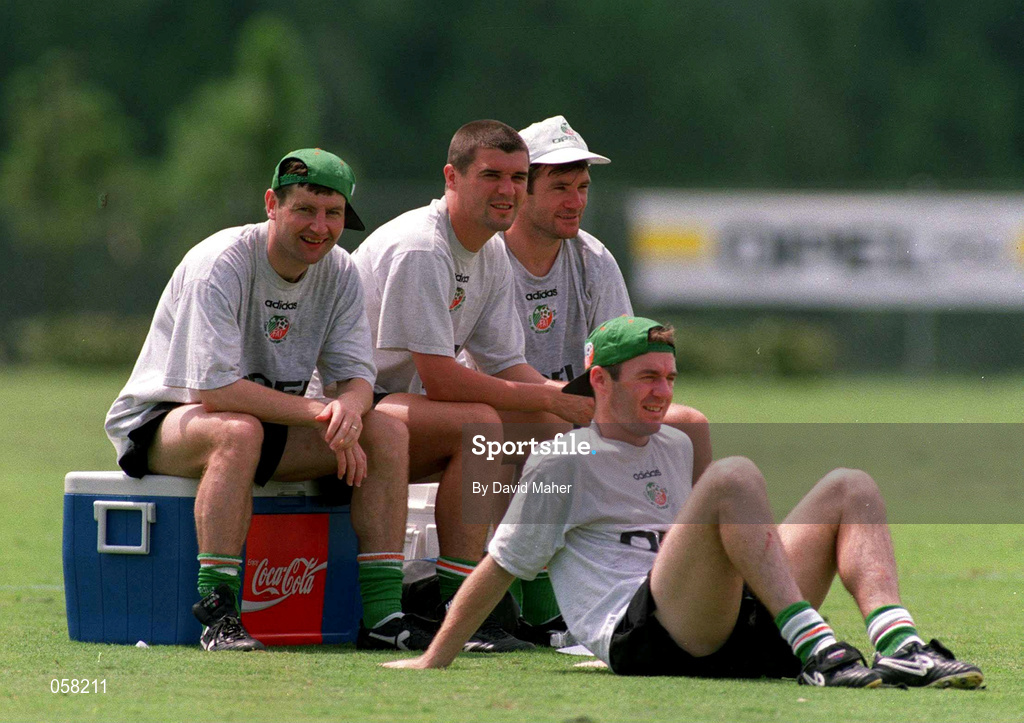 28 June 1994; Republic of Ireland players, from left, Denis Irwin, Roy Keane, Ray Houghton and John Sheridan during a training session ahead of their FIFA World Cup 1994 Round of 16 match against Netherlands in USA. Photo by David Maher/Sportsfile