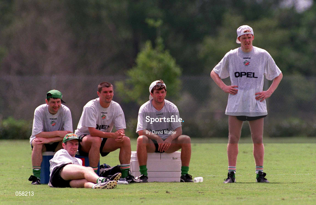 28 June 1994; Republic of Ireland players, from left, Denis Irwin, John Sheridan, Roy Keane, Ray Houghton and Steve Staunton during a training session ahead of their FIFA World Cup 1994 Round of 16 match against Netherlands in USA. Photo by David Maher/Sportsfile