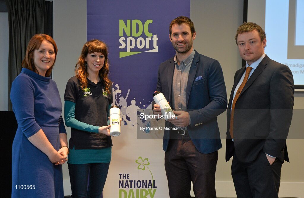 23 January 2016; As part of the GAA Games Development Conference (Saturday 23rd January), the National Dairy Council delivered a sports nutrition seminar presented by Dr Sharon Madigan, Head of Performance Nutrition, Irish Institute of Sport; and Dr Bryan Cullen, High Performance Manager for Dublin GAA and former Dublin footballer. This seminar addressed the many myths and mixed messages about nutrition that can influence players, as well as highlighting exciting research exploring specific benefits that milk may play in a number of aspects of recovery nutrition - namely potential roles in rehydration and muscle recovery. Pictured, from left, are Dr Sharon Madigan, Head of Performance Nutrition, Irish Institute of Sport, Caroline O'Donovan, Nutritionist, The National Dairy Council, Dr Bryan Cullen, High Performance Manager for Dublin GAA, and Peter Horgan, Education Officer, Croke Park. Croke Park, Dublin. Picture credit: Piaras Ó Mídheach / SPORTSFILE