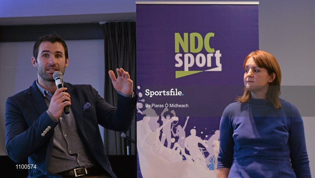 23 January 2016; As part of the GAA Games Development Conference (Saturday 23rd January), the National Dairy Council delivered a sports nutrition seminar presented by Dr Sharon Madigan, Head of Performance Nutrition, Irish Institute of Sport; and Dr Bryan Cullen, High Performance Manager for Dublin GAA and former Dublin footballer. This seminar addressed the many myths and mixed messages about nutrition that can influence players, as well as highlighting exciting research exploring specific benefits that milk may play in a number of aspects of recovery nutrition - namely potential roles in rehydration and muscle recovery. Pictured is Dr Bryan Cullen, High Performance Manager for Dublin GAA and former Dublin footballer with Dr Sharon Madigan, Head of Performance Nutrition, Irish Institute of Sport. Croke Park, Dublin. Picture credit: Piaras Ó Mídheach / SPORTSFILE
