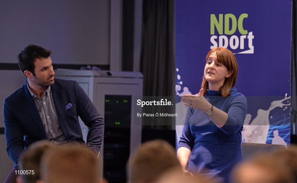 23 January 2016; As part of the GAA Games Development Conference (Saturday 23rd January), the National Dairy Council delivered a sports nutrition seminar presented by Dr Sharon Madigan, Head of Performance Nutrition, Irish Institute of Sport; and Dr Bryan Cullen, High Performance Manager for Dublin GAA and former Dublin footballer. This seminar addressed the many myths and mixed messages about nutrition that can influence players, as well as highlighting exciting research exploring specific benefits that milk may play in a number of aspects of recovery nutrition - namely potential roles in rehydration and muscle recovery. Pictured is Dr Sharon Madigan, Head of Performance Nutrition, Irish Institute of Sport, with Dr Bryan Cullen, High Performance Manager for Dublin GAA and former Dublin footballer. Croke Park, Dublin. Picture credit: Piaras Ó Mídheach / SPORTSFILE