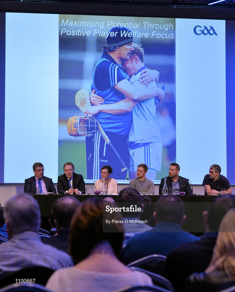 23 January 2016; In attendance during the 'Player Welfare Forum - Caring for Players: The coach's role in player welfare' talk at the Liberty Insurance GAA Annual Games Development Conference 2016 are, from left, Ger Ryan, Chairman GAA Medical and Scientific and Welfare Committee, Mr Kevin Moran, Consultant Surgeon, Donegal Team Doctor, Member GAA MSW Committee, Dr Edwenia O'Malley, Chartered Physiotherapist, Member GAA MSW Committee, Ross Munnelly, Laois Senior Footballer and former International Rules player, Dr Cian O'Neill, Head of Sport, Leisure and Childhood Studies Cork IT and Kildare Senior Football Manager, and Liam Sheedy, All-Ireland winning Hurling Manager 2010 with Tipperary. The theme of the conference was 'The Coach, The Player, The Game: Building Connections'. A range of speakers addressed issues related to the coaching and playing of gaelic games at adult level’. Croke Park, Dublin. Picture credit: Piaras Ó Mídheach / SPORTSFILE