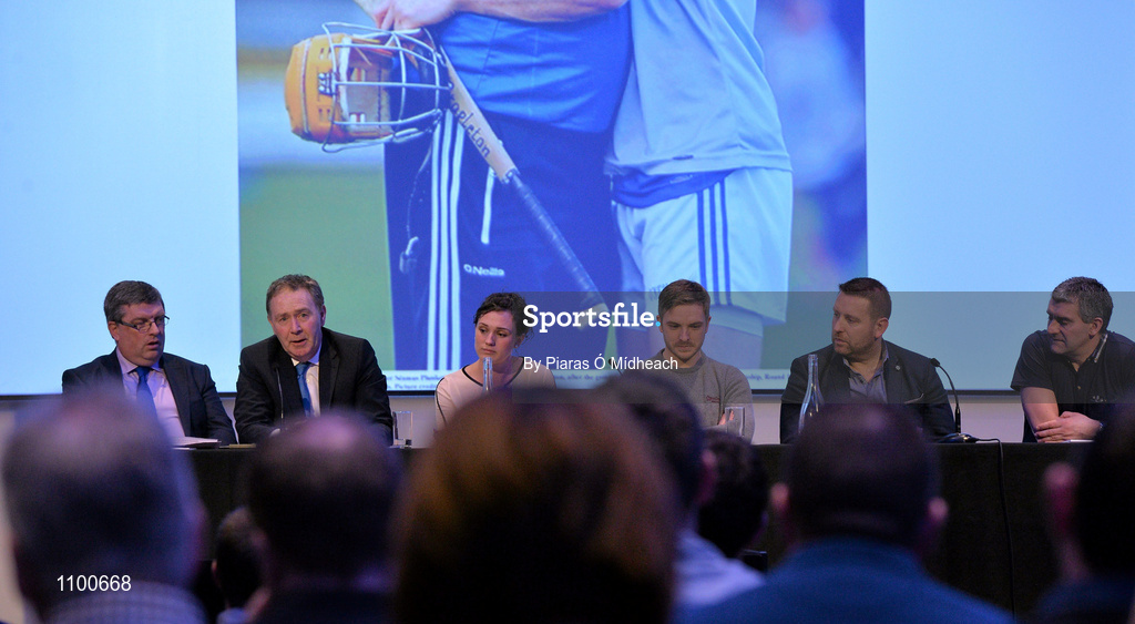 23 January 2016; In attendance at the Liberty Insurance GAA Annual Games Development Conference 2016 are, from left, Ger Ryan, Chairman GAA Medical and Scientific and Welfare Committee, Mr Kevin Moran, Consultant Surgeon, Donegal Team Doctor, Member GAA MSW Committee, Dr Edwenia O'Malley, Chartered Physiotherapist, Member GAA MSW Committee, Ross Munnelly, Laois Senior Footballer and former International Rules player, Dr Cian O'Neill, Head of Sport, Leisure and Childhood Studies Cork IT and Kildare Senior Football Manager, and Liam Sheedy, All-Ireland winning Hurling Manager 2010 with Tipperary. The theme of the conference was 'The Coach, The Player, The Game: Building Connections'. A range of speakers addressed issues related to the coaching and playing of gaelic games at adult level’. Croke Park, Dublin. Picture credit: Piaras Ó Mídheach / SPORTSFILE