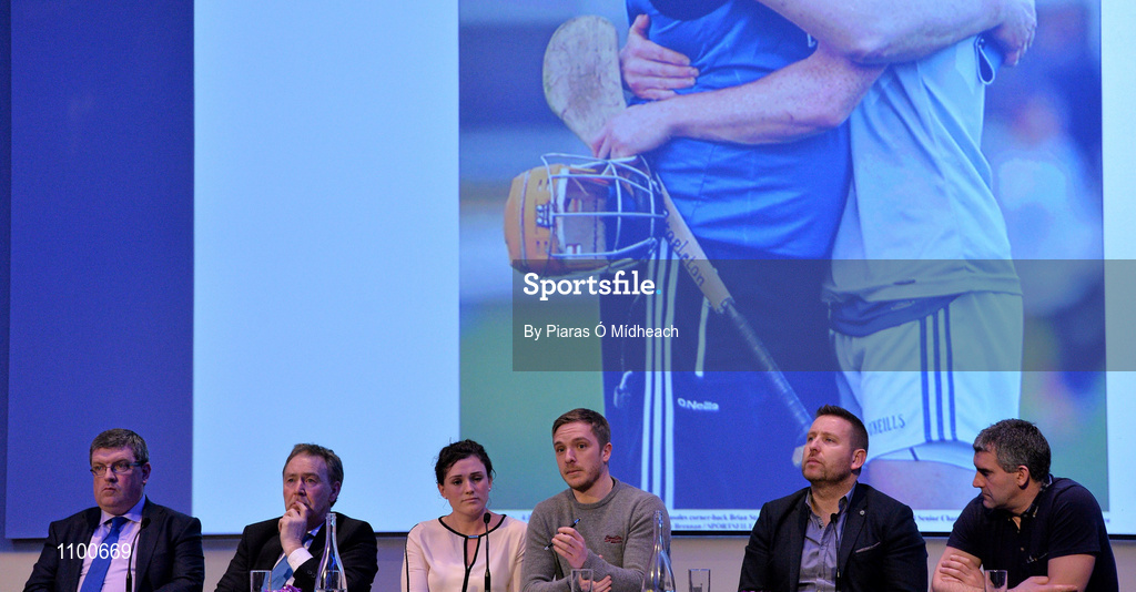 23 January 2016; In attendance during the 'Player Welfare Forum - Caring for Players: The coach's role in player welfare' talk at the Liberty Insurance GAA Annual Games Development Conference 2016 are, from left, Ger Ryan, Chairman GAA Medical and Scientific and Welfare Committee, Mr Kevin Moran, Consultant Surgeon, Donegal Team Doctor, Member GAA MSW Committee, Dr Edwenia O'Malley, Chartered Physiotherapist, Member GAA MSW Committee, Ross Munnelly, Laois Senior Footballer and former International Rules player, Dr Cian O'Neill, Head of Sport, Leisure and Childhood Studies Cork IT and Kildare Senior Football Manager, and Liam Sheedy, All-Ireland winning Hurling Manager 2010 with Tipperary. The theme of the conference was 'The Coach, The Player, The Game: Building Connections'. A range of speakers addressed issues related to the coaching and playing of gaelic games at adult level’. Croke Park, Dublin. Picture credit: Piaras Ó Mídheach / SPORTSFILE