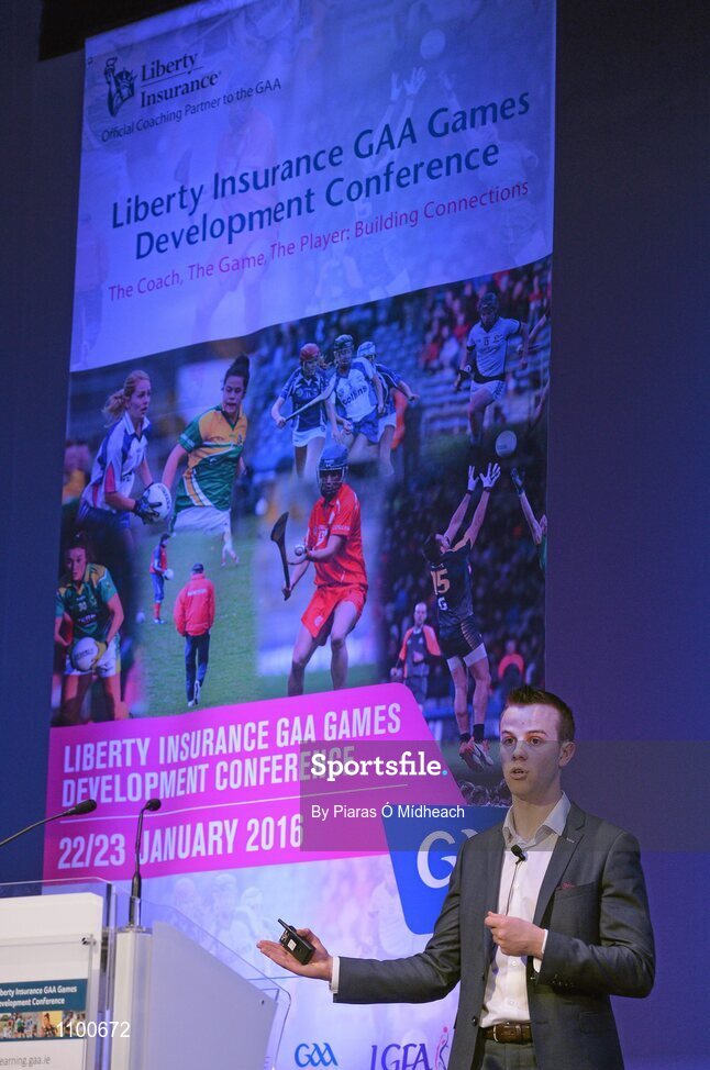 23 January 2016; Fionn Fitzgerald, Kerry senior footballer, speaking at the Liberty Insurance GAA Annual Games Development Conference 2016. The theme of the conference was 'The Coach, The Player, The Game: Building Connections'. A range of speakers addressed issues related to the coaching and playing of gaelic games at adult level’. Croke Park, Dublin. Picture credit: Piaras Ó Mídheach / SPORTSFILE