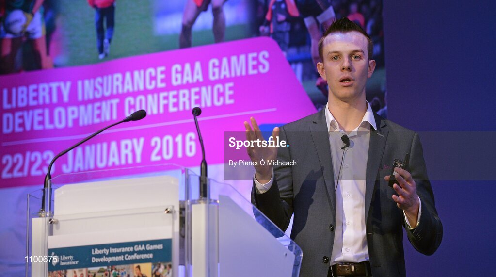 23 January 2016; Fionn Fitzgerald, Kerry senior footballer, speaking at the Liberty Insurance GAA Annual Games Development Conference 2016. The theme of the conference was 'The Coach, The Player, The Game: Building Connections'. A range of speakers addressed issues related to the coaching and playing of gaelic games at adult level’. Croke Park, Dublin. Picture credit: Piaras Ó Mídheach / SPORTSFILE