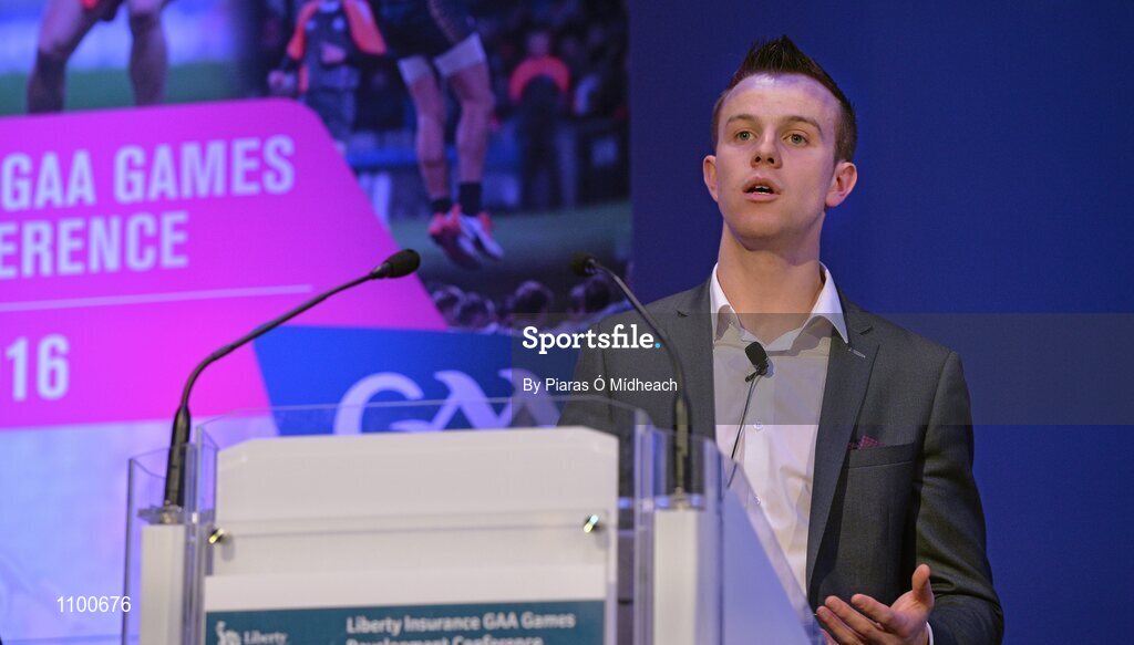 23 January 2016; Fionn Fitzgerald, Kerry senior footballer, speaking at the Liberty Insurance GAA Annual Games Development Conference 2016. The theme of the conference was 'The Coach, The Player, The Game: Building Connections'. A range of speakers addressed issues related to the coaching and playing of gaelic games at adult level’. Croke Park, Dublin. Picture credit: Piaras Ó Mídheach / SPORTSFILE