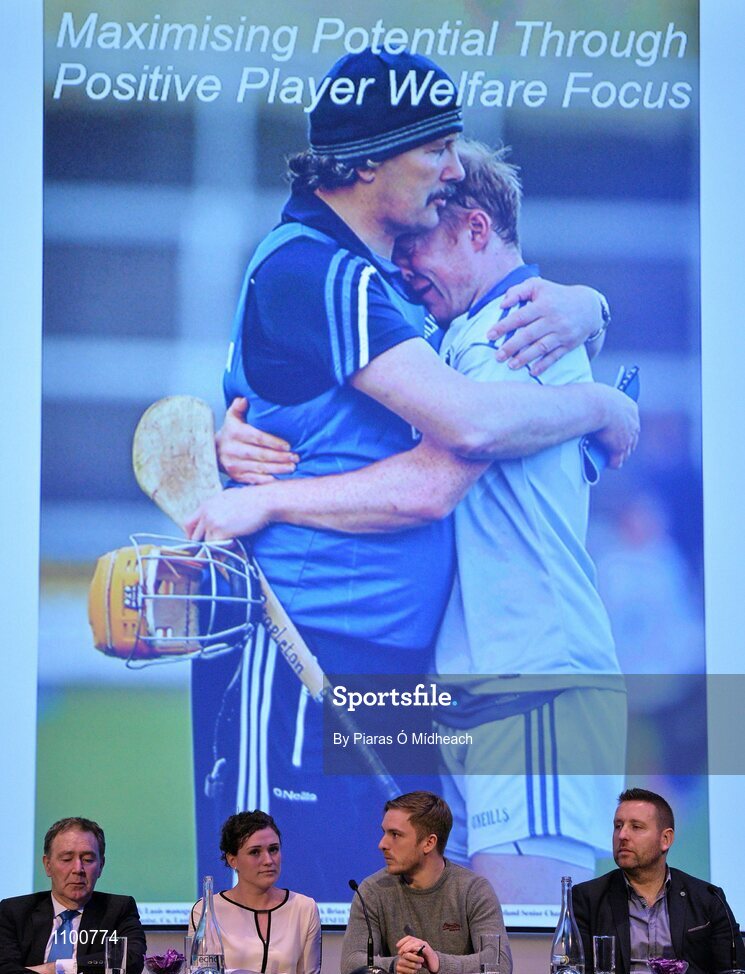 23 January 2016; In attendance at the Liberty Insurance GAA Annual Games Development Conference 2016 are, from left, Mr Kevin Moran, Consultant Surgeon, Donegal Team Doctor, Member GAA MSW Committee, Dr Edwenia O'Malley, Chartered Physiotherapist, Member GAA MSW Committee, Ross Munnelly, Laois Senior Footballer and former International Rules player, and Dr Cian O'Neill, Head of Sport, Leisure and Childhood Studies Cork IT and Kildare Senior Football Manager. The theme of the conference was 'The Coach, The Player, The Game: Building Connections'. A range of speakers addressed issues related to the coaching and playing of gaelic games at adult level’. Croke Park, Dublin. Picture credit: Piaras Ó Mídheach / SPORTSFILE