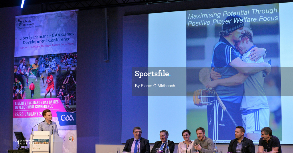 23 January 2016; In attendance at the Liberty Insurance GAA Annual Games Development Conference 2016 are, from left, MC Eoin Sheahan, Ger Ryan, Chairman GAA Medical and Scientific and Welfare Committee, Mr Kevin Moran, Consultant Surgeon, Donegal Team Doctor, Member GAA MSW Committee, Dr Edwenia O'Malley, Chartered Physiotherapist, Member GAA MSW Committee, Ross Munnelly, Laois Senior Footballer and former International Rules player, Dr Cian O'Neill, Head of Sport, Leisure and Childhood Studies Cork IT and Kildare Senior Football Manager, and Liam Sheedy, All-Ireland winning Hurling Manager 2010 with Tipperary. The theme of the conference was 'The Coach, The Player, The Game: Building Connections'. A range of speakers addressed issues related to the coaching and playing of gaelic games at adult level’. Croke Park, Dublin. Picture credit: Piaras Ó Mídheach / SPORTSFILE