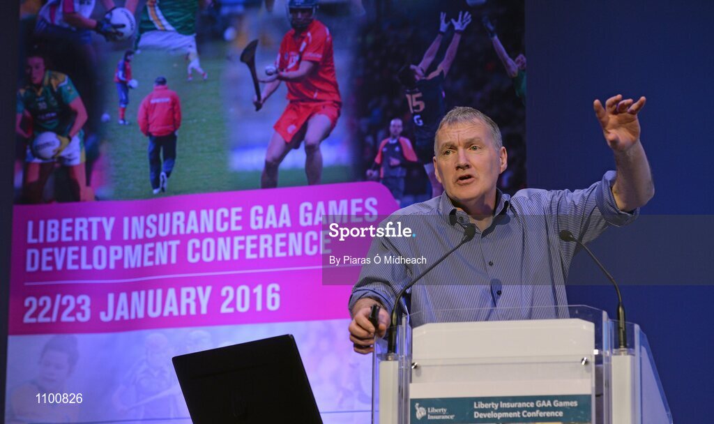 23 January 2016; Eamon O'Shea, Professor in the School of Business & Economics NUIG, and former Tipperary senior hurling manager giving his keynote 'Being a GAA Coach' talk during the Liberty Insurance GAA Annual Games Development Conference 2016. The theme of the conference was 'The Coach, The Player, The Game: Building Connections'. A range of speakers addressed issues related to the coaching and playing of gaelic games at adult level’. Croke Park, Dublin. Picture credit: Piaras Ó Mídheach / SPORTSFILE