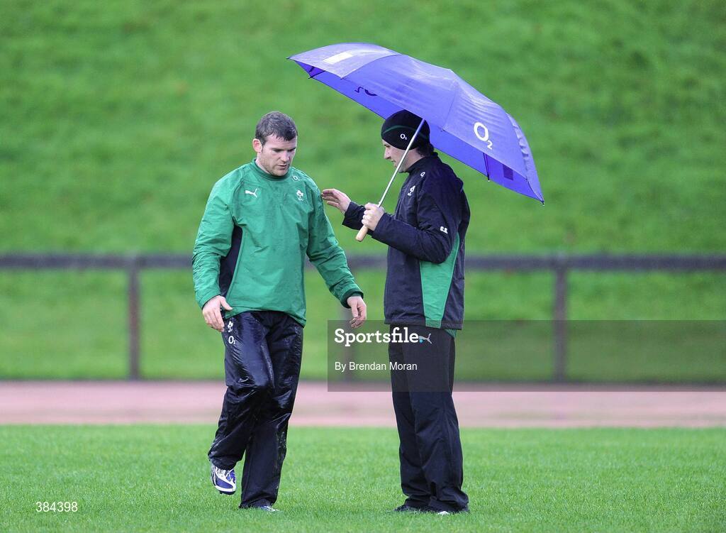 4 November 2009; Centre Gordon D'Arcy goes through some exercises on his ankle with team physio Cameron Steele during Ireland rugby squad training. University of Limerick, Limerick. Picture credit: Brendan Moran / SPORTSFILE