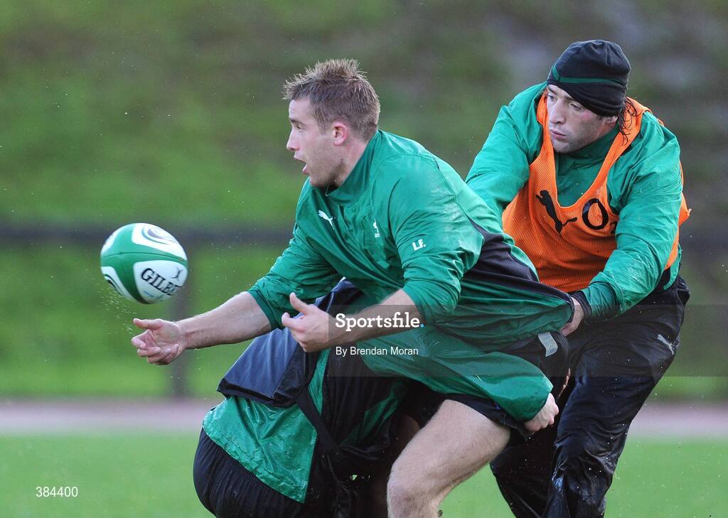 4 November 2009; Wing Luke Fitzgerald is tackled by Keith Earls and Neil Best during Ireland rugby squad training. University of Limerick, Limerick. Picture credit: Brendan Moran / SPORTSFILE