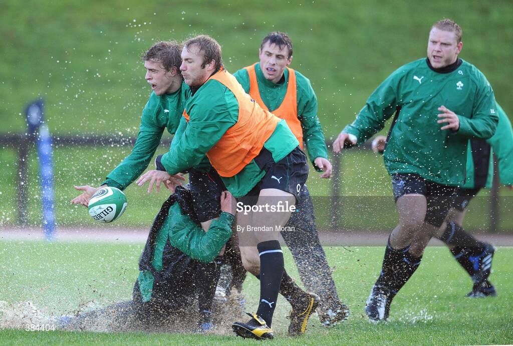 4 November 2009; Wing Andrew Trimble is tackled by Stephen Ferris during Ireland rugby squad training. University of Limerick, Limerick. Picture credit: Brendan Moran / SPORTSFILE
