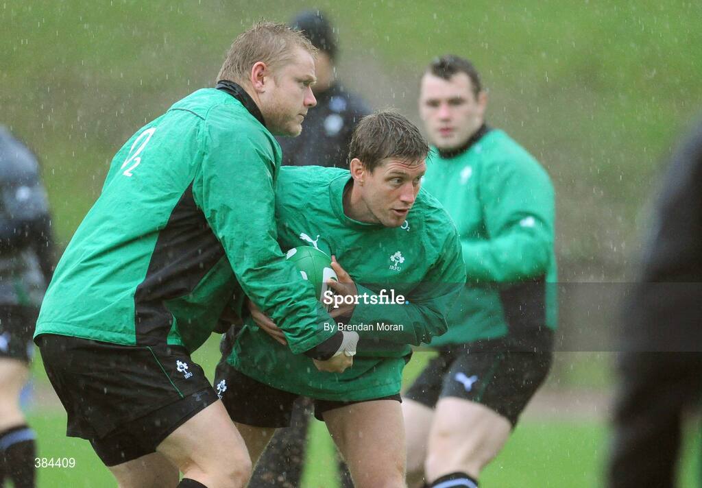 4 November 2009; Out-half Ronan O'Gara in action alongside Tom Court during Ireland rugby squad training. University of Limerick, Limerick. Picture credit: Brendan Moran / SPORTSFILE
